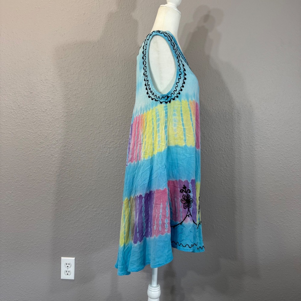 India Boutique Size Free Size Blue Tie Dye Embroidered Sleeveless Tunic Dress - Picture 6 of 7